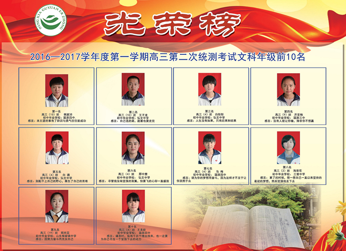 2016-2017学年第一学期高三第二次统测优秀学生（文科年级10名）